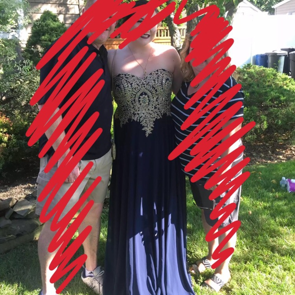 navy blue and gold prom dress